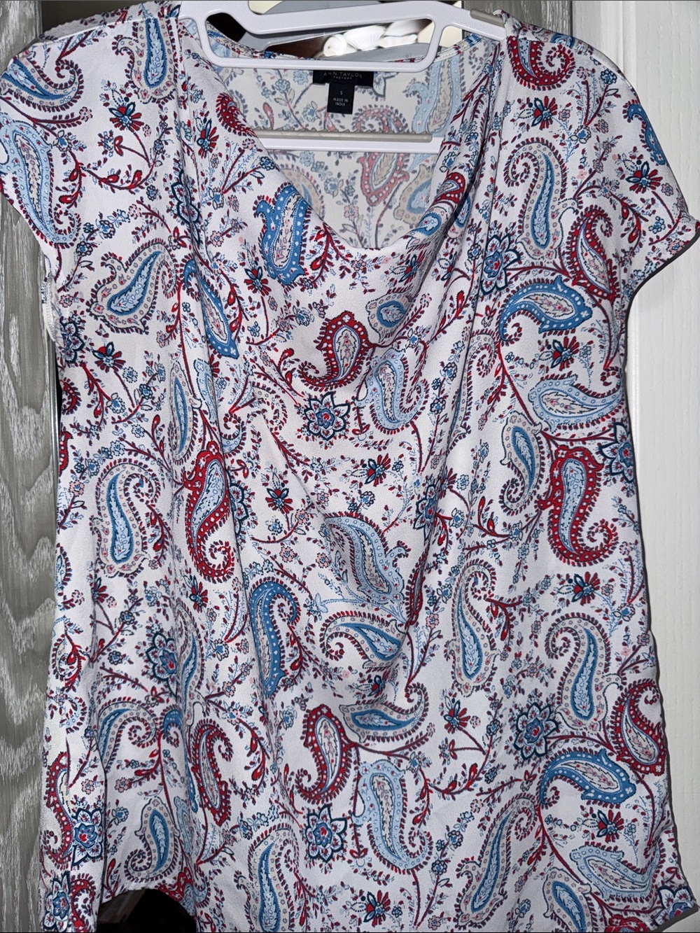 Ann Taylor White Paisley Cowl-Neck Top with Blue & Red Accents